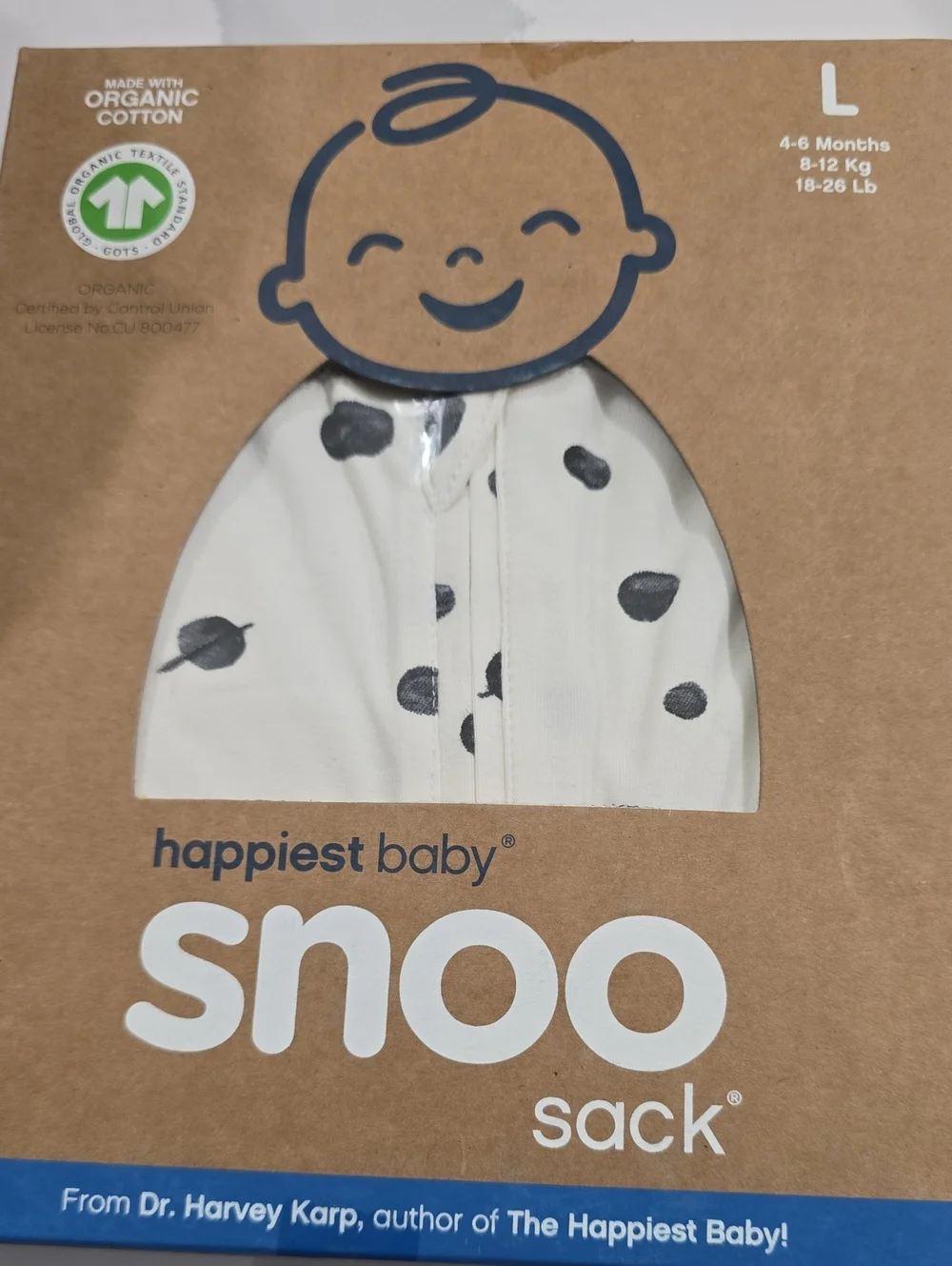 Snoo Sack Organic Cotton Baby Sleep Sack - White with Black Spots Happiest Baby